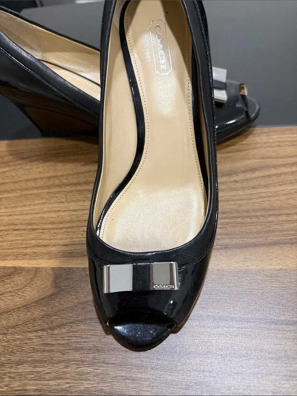 Coach Black Patent Leather Peep-Toe Heels with Bow Accent